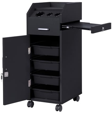 Winado Hair Salon Storage Cart with Wheels & 3 Hair Dryer Holders & 4 Drawers & Lock & 2 Keys, Hairdressing Tools Station Mobile Makeup Case, SPA Utility Trolley (Black)