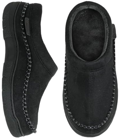 Zigzagger Men's Slip On Moccasin Slippers, Indoor/Outdoor Warm Fuzzy Comfy House Shoes, Fluffy Wide Loafer Slippers,Jet Black, 13-14 D(M) US