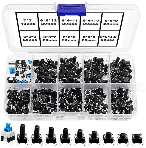VooGenzek 190 PCS Micro Momentary Tactile Push Button Switch, (6×6 mm 7×7 mm) 10 Types of Button Switch Assortment Kit, for Fields of Electronic Products
