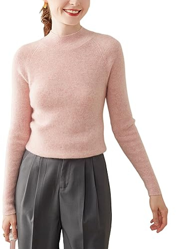 DISSA Damen Kaschmir Raglan Stehkragen Schmaler Pullover,Hellrosa,36