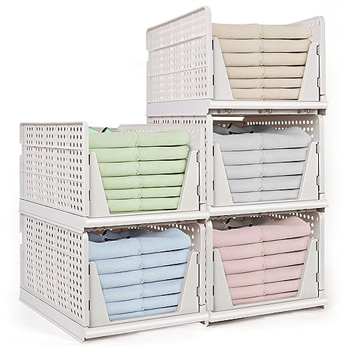 5er Set Höher Schubladenbox, Weiß Stapelbare Kleiderschrank Organizer, Faltbaren Regal Aufbewahrungsbox, Stapelbaren Schrank Schubladen, Plastik Lagerkisten 42 x 33 x 25cm