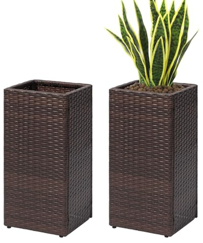 SUNNYPARK 2 Pack Tall Planters for Outdoor Plants Rattan Modern Tall Square Planter Box with Removable Liners Indoor Outdoor Porch Patio Flower Pot (12’’ x 12’’ x 24’’)
