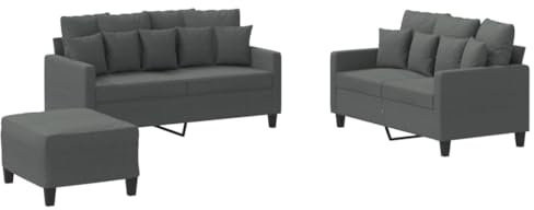 vidaXL Sofagarnitur 3-TLG., Sessel Couch mit Kissen Fußhocker, Sofa Wohnzimmersofa mit Armlehnen, Couchgarnitur Designsofa Sitzmöbel Polstermöbel, Dunkelgrau Stoff
