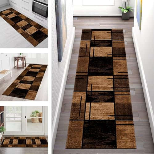 Teppich Läufer Flur Lang Küchenteppich Rutschfest Waschbar Küchenläufer Braun Schwarz Korridor Flurläufer 100X200CM Teppichmatten Dauerhaft Schlafzimmer Wohnzimmer Meterware Teppichläufer Anpassbar