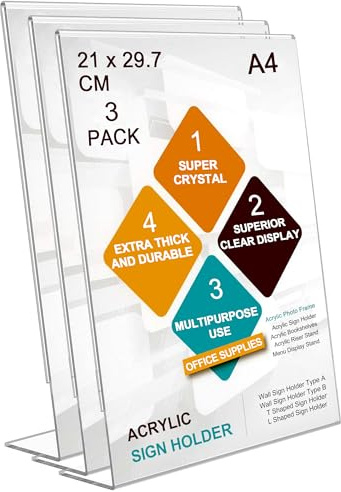 ROSSHINE A4 Menu Holders, 3pack Slant Back Acrylic Sign Holder, A4 Clear Poster Holder Perspex Display Stand for Office School Home Restaurant