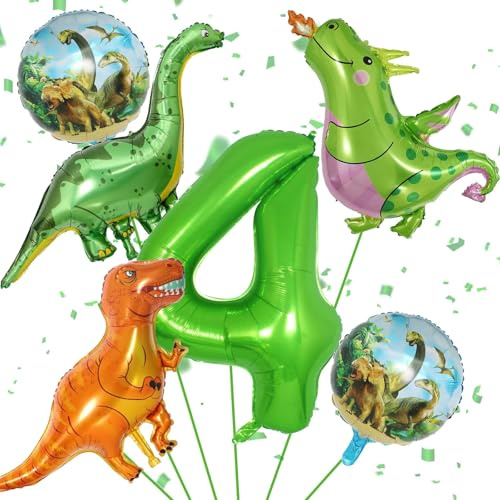 Dinosaur 4th Birthday Decorations, Dinosaur Birthday Party Decorations with Giant Inflatable Dinosaur Balloons 40 Inch Helium Foil Mylar Number 4 Balloons for Dinosaur Theme Birthday Party Decorations