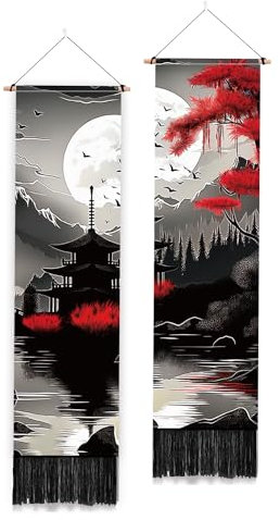 PLIGREAT Confezione da 2 Mountain Forest Arazzo lungo stretto, Silhouette Style Landscape Loft Verticale Appeso A Parete Con Nappe Arazzo Estetico Da Parete per Camera Da Letto Soggiorno