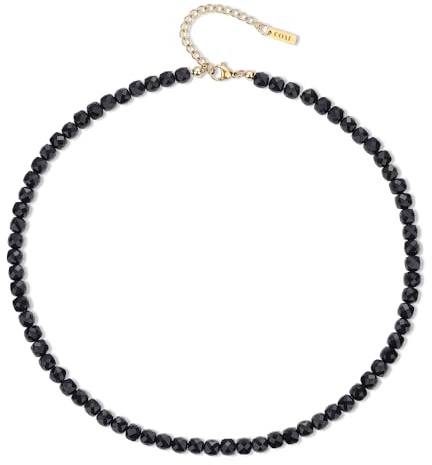 COAI Collana Donna Pietre Naturali Dure Semipreziose, Collana di Perline di Pietre Nere Onice Donna