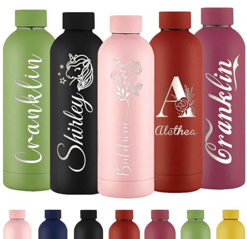 Personalisierte Trinkflasche Gravur Wasserflasche mit Namen Individuell Rostfreier Edelstahl Metall 500 ml Thermosflasche für Schule Büro Sport