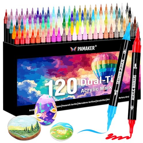 Acrylstifte Acryl Marker Set, 120 Farben Dual Tip mit dünner & dicker Spitz | Kreatives für Erwachsene: Glasmalfarbe für kreative Kunstwerke auf Stoff, Stein, Glas, Keramik, Muscheln, Holz und mehr