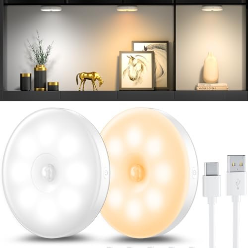 Luce Notturna con Sensore di Movimento, Luce LED Ricaricabile USB a Tre Colori, Illuminazione per Armadio, Sensore di Movimento Interno per Illuminazione di Scale, Camera da Letto, Cucina, 2 Pezzi
