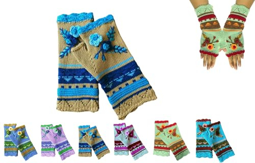 YAQUEKOU Handgestickte Armstulpen Damen Winter Fingerlose Handschuhe Blumen Stickerei Stulpen Damen Hände Handstulpen Pulswärmer Handschuhe Strick Winterhandschuhe Gestrickte Fingerlose Fäustlinge