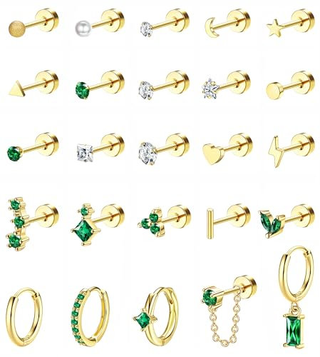 JeweBella 25Stück Hypoallergen Helix Piercing Ohr Medizinische Ohrstecker Chirurgenstahl Ohrringe Gold/Silber für Damen Herren Zirkonia Creolen Hängend Knorpel Conch Tragus Piercing Ohrringe Set