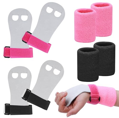 2 Paar Griffpads Kinder, Abeillo Cross Training, Gymnastik, Pull Up Grips für Kinder, Hand Grips Leder Trainingshandschuhe und Handgelenk Bandagen Fitness Set für Mädchen Junge (Schwarz, Rosa, M)