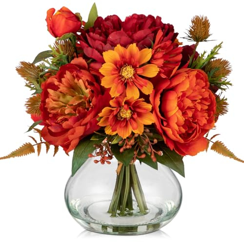 Hollyone Kunstblumen in Vase Orange Rot Künstliche Pfingstrosen mit Ovalen Glasvase Kunst Chrysanthemen Dekoblumen Herbst Dekoration Seidenblume für Home Wohnzimmer Bad Tischdeko