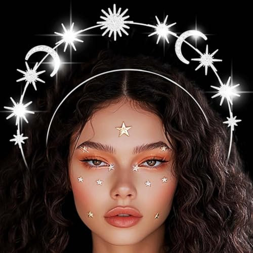 Reaky Serre-tête avec auréole et lune dorée avec strass, étoile et déesse, carnaval (argent, taille unique)