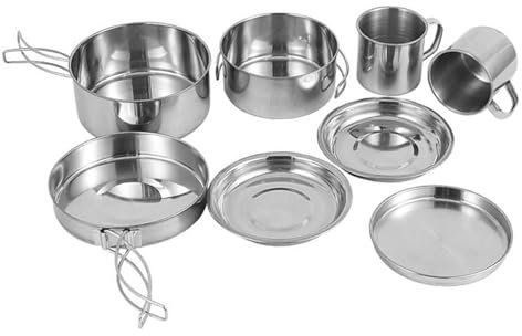 Set da cucina da campeggio, in acciaio inox, set di pentole e padelle in acciaio inox, 8 pezzi, set da cucina da campeggio con manico pieghevole, attrezzatura da cucina da campeggio per 2 persone