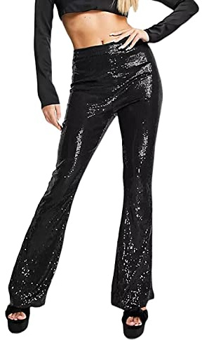 Yassiglia Women's Glitter Sequin Trousers Y2K Sparkly Slim High Waist Elastic Flared Pants Glitter Leggings for Party Clubwear