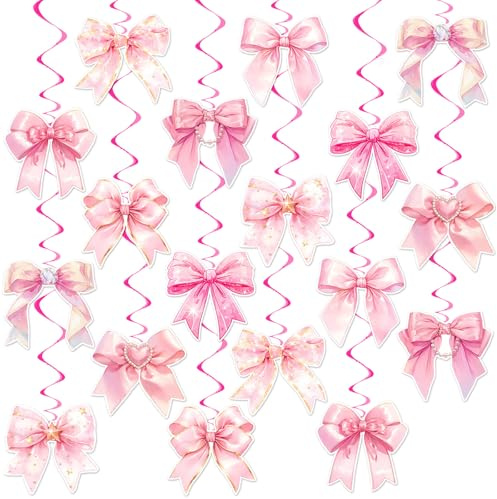 18 Stück luftschlangen rosa,Hängende Wirbeldekorationen mit Rosa Schleife,Party Hanging Swirls Schleifen,Geburtstagsdekorationen für Mädchen für Schleifen Mottoparty
