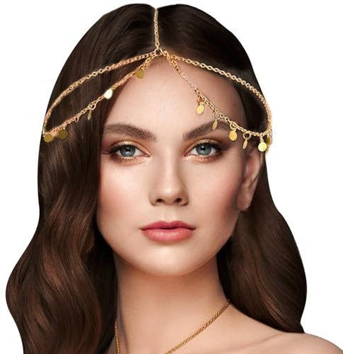 Peutpy Boho-Kopfkette, Gold Legierung, Schmuck, Boho Stirnband, Quaste Kette, Haarband Kette, Frisuren-Accessoire für Damen und Mädchen