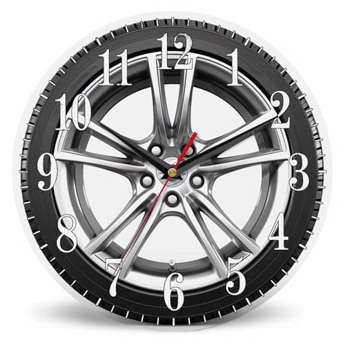 Mxocom Wheel Wall Clock Modern Car Wheel Black Tyre 10 Inch Silent Non Ticking Battery Operated Clock Vintage Round Clock for Living Room Bedroom Bathroom Office Decor