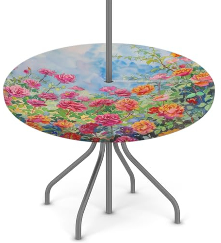 Woltant Tovaglia rotonda con foro per ombrellone e cerniera, facile da pulire, con bordi elastici, protezione per tavolo da giardino, patio, barbecue (fiori da giardino)