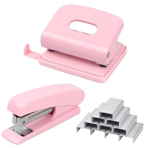 Set med häftapparat och håltagare, skrivbord häftapparat med 1 000 häftklamrar 24/6, minimanuell häftapparat, för kontor, skolor, arbetsplatser och hem (rosa)