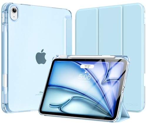 MoKo Cover per iPad Air 11 Pollici Case (M4/M3/M2) 2026/2025/2024, iPad Air 5a/4a Gen 10,9 2022/2020 con Portapenna, Cover Trifold Sottile e Leggera con Retro in PC Rigido Traslucido, Cielo Blu