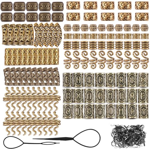 LEGENTLISUR 326Pcs Gold Viking Hair Accessories Dreadlock Beard Beads Tube Beads Alloy Hair Coil Cuffs Hair Jewelry for Braids Accessories Bracelets Pendant Necklace DIY