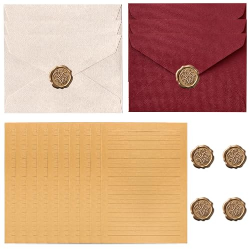 Gativs Vintage Briefpapier mit Umschlag Set mit 6 Leinenumschlag Umschläge Wachssiegel-Aufkleber, 10 A5 Briefpapier Vintage Papier, Vintage-Papier Umschläge, für Hochzeits Einladung Grußkarten