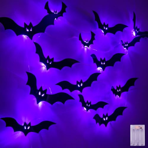 cshare Halloween Deko Fledermaus LED, 6M 20LED Lila Lichterkette Batterie mit Timer, 20 Stück 3D Fledermaus Wandaufkleber Halloween Deko Set Wand Dekoration