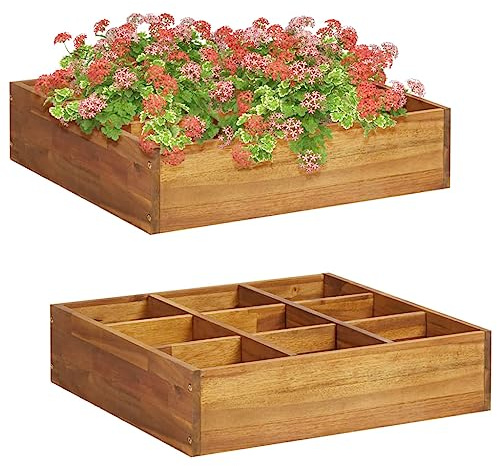 Fioriera rialzata da giardino per erbe aromatiche, in legno massiccio di acacia, per esterni, 60 x 60 x 15 cm