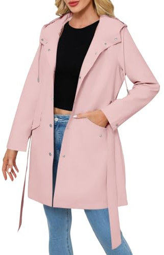 Women's Rainy Season Solid Color Thin Coat With Pocket Belt Jacket Jackets for Women (Pink, XL)