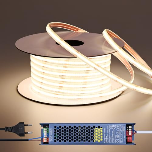 BENLUN 24V COB LED Streifen Aussenbereich Wasserdicht 20m | 4000K Naturweiß LED Strip Outdoor 7W/m CRI 93 Schneidbar mit Netzteil für Zimmer Dekoration und Außen Dekoration Beleuchtung