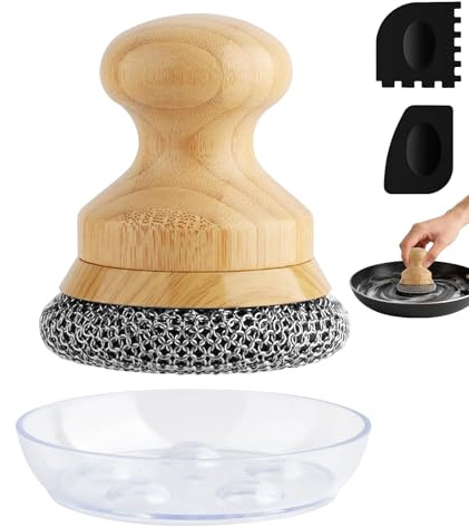 Beeptrum Cast Iron Scrubber and Scraper,Chain Mail Cleaner with Bamboo Handle & Draining Tray,316 Stainless Steel Brush for Cleaning Pots,Pans,Wok,Bakeware,Griddles, Grills,Dishes (Small Chain Mail)