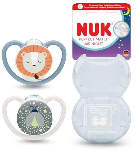 NUK Perfect Match Air Night Chupete para bebé | 0-6 meses | Chupetes luminosos que facilitan la ventilación y evitan la irritación | 95% de aceptación por parte de los bebés** | León | 2 unidades
