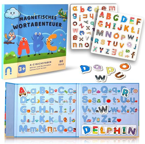 Magnetisches Lernspiel für Vorschule & Schulanfang – Kinder ab 3 Jahren lernen spielerisch Buchstaben, bilden erste Wörter & machen erste Leseerfolge – Montessori Lernspielzeug