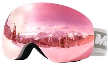 Meeloog Ski Goggles - Frameless, OTG Snowboard Goggles, Anti-Fog, 100% UV400 Protection, Snow Goggles for Men and Women (White Frame Revo Pink Lens VLT25.02%)