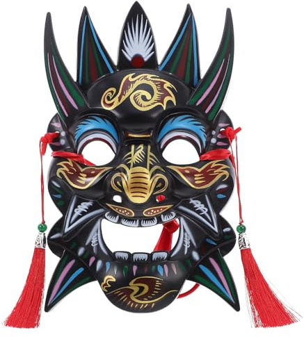 SUPVOX Máscara de ópera tibetana tallada a mano: máscara de festival tradicional asiático para espectáculos y cosplay - Obras de arte étnicas tribales pintadas, suministros para fiestas