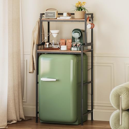 Espelism 3-Tier Mini Fridge Stand with Adjustable Shelves, Kitchen Bakers Storage Rack Fits Mini Fridge & Microwave, Split Design Coffee Bar Shelf for Kitchen, Office, and Dorms (Brown)