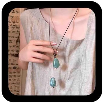 Cybche Vintage Long Leather Y Necklace Faux Natural Stone Teardrop Pendant Necklace Brown Wax Rope Cord Chain Necklace Round Bead Sliding Necklaces Statement Jewelry for Women