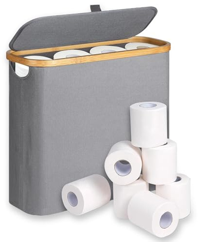 Toilet Roll Storage with Lid, 12 Rolls Roll Holder Storage Stand, Toilet Paper Basket, Bamboo Multifunctional Toilet Paper Basket Cabinet with Handle, Perfect for Tight Spaces, Bathroom