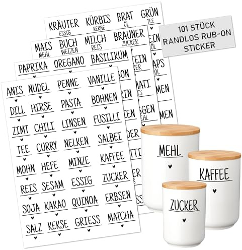 101 randlose Lebensmittel & Vorrats Rub On Etiketten, vorgeschnitten, wasserfest – für Küche, Gewürze, Mehl, Zucker, Nüsse, Pasta & Aufbewahrungsgläser (schwarz)