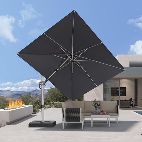 PURPLE LEAF Parasol Déporté 3 x 3 m Inclinaison Bilatérale UPF 50+, Gris | Double fonctionnalité de pivot et d'Inclinaison, Mât: aluminium, couleur champagne, Toile teinte en fil 240 g/m² , Jardin