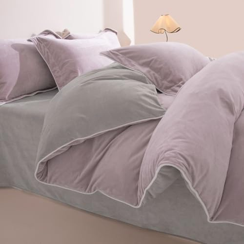 HAIBA Flanell Bettwäsche 150 x 200 cm lila hellgrau Wendebettwäsche Winter Bettbezug Kuschel und Flauschig Fleece Flanell Warm für Bettbezüge mit Reißverschluss