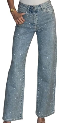 shownicer Jeans Donna Vita Alta Baggy Jeans con Strass Wide Leg Jean Larghi Straight Pantaloni con Paillettes A Blu L