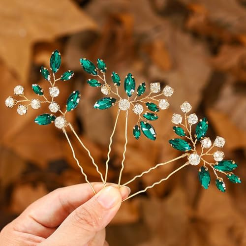 IYOU Accesorios para el cabello para invitadas de boda en verde, horquillas para novias con cristales, tocados para damas de honor para mujer (paquete de 3)