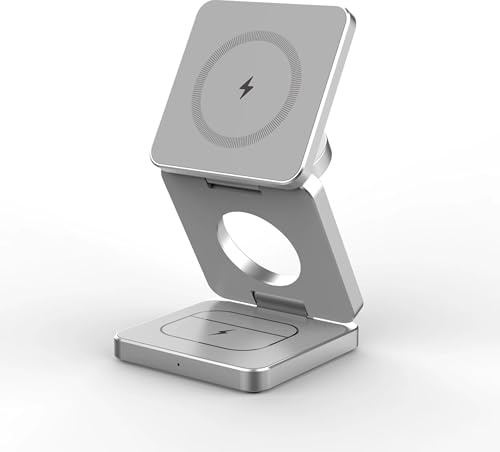 Foldable 3-in-1 Magnetic Wireless Charger for iPhone 17/16/15/14/13/12 Apple Watch, AirPods Pro Qi-Enabled 15W Android Devices MagSafe Travel Portable Charging Station Lightweight Fast (Silver)
