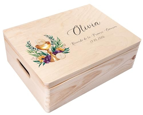 Creative DECO Caja Regalo Personalizada Primera Comunión para Niños/Niñas | Caja de Memoria de Madera | Personalizado - Cáliz | Impreso | Personalizadas para Niño y Niña | Personalizados