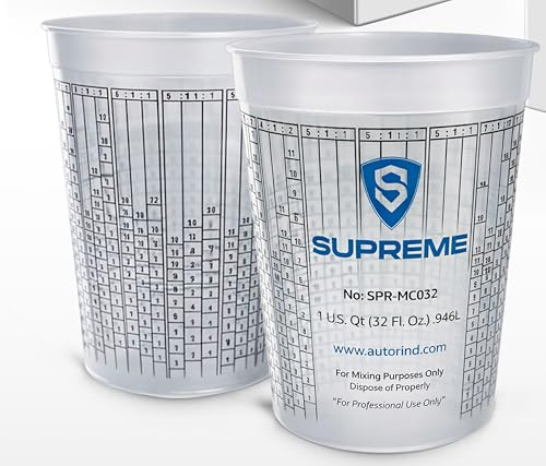 32 oz (1 Quart) Graduated Plastic Mixing Cups – Heavy-Duty Solvent Resistant Measuring Cups with Ratio Markings for Paint, Epoxy, Resin, Automotive & DIY Projects (5)